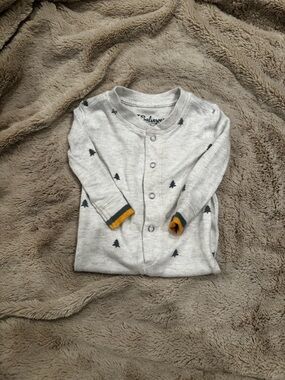 P.J. Salvage Gray Button-Front Top with Tree Print and Mustard Trim